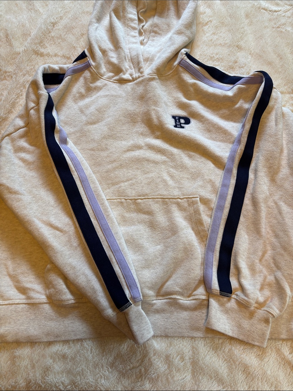 PINK Victoria Secret Embroidered 'P' Hoodie in Cream with Lavender Trim